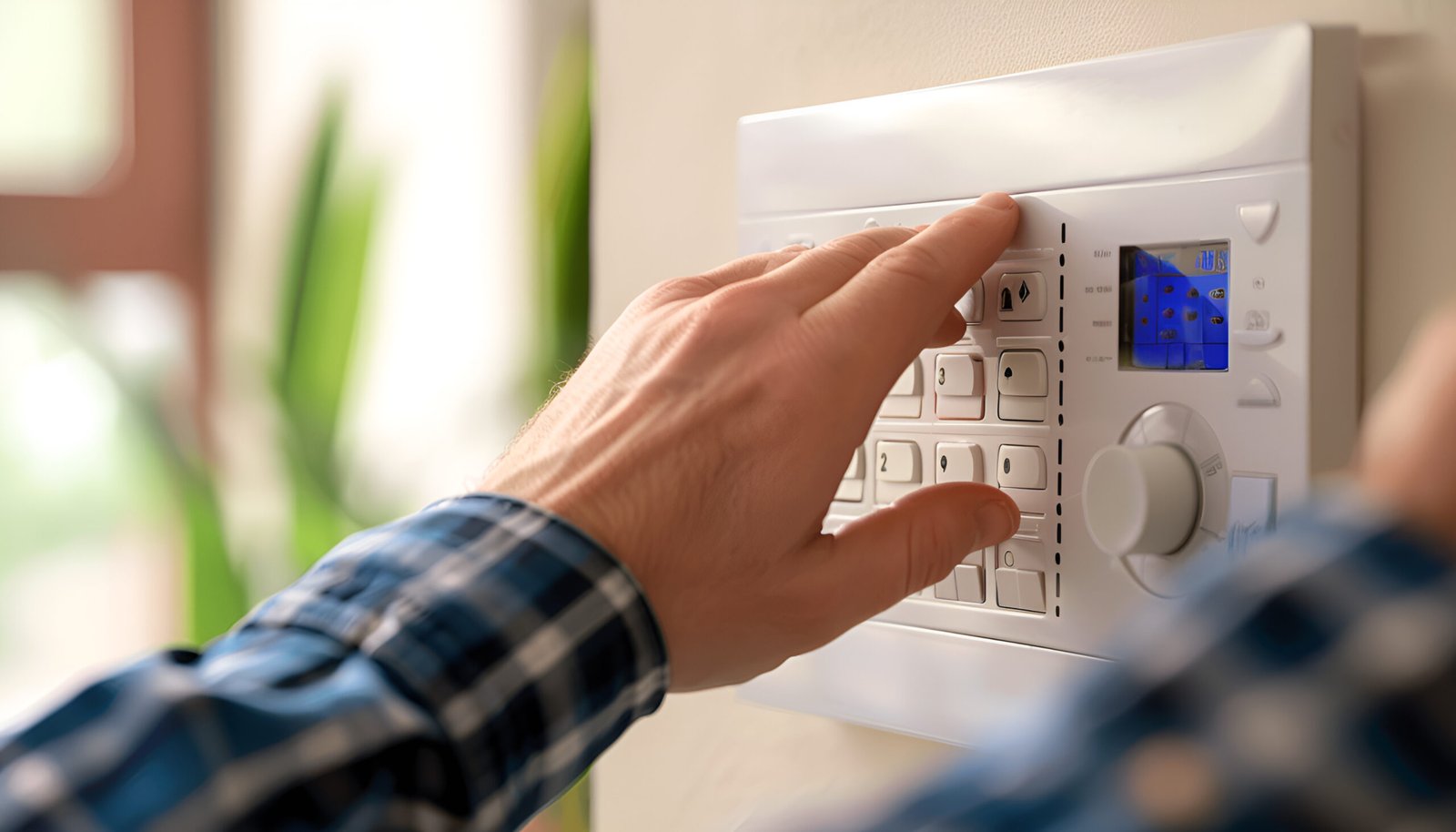 Man entering code on security alarm system at home, closeup
