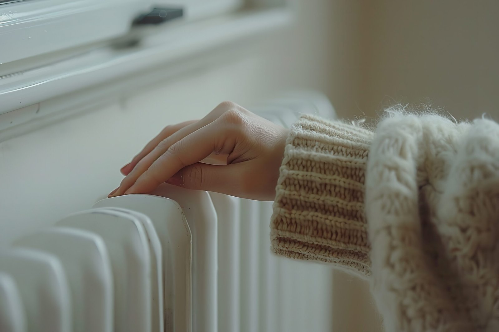 An up-close view of an unknown woman hand reaches toward a large area for text usage and a white radiator, Generative AI.