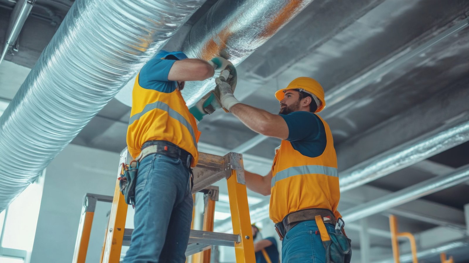 Two Construction Workers Installing Ductwork on a Ceiling